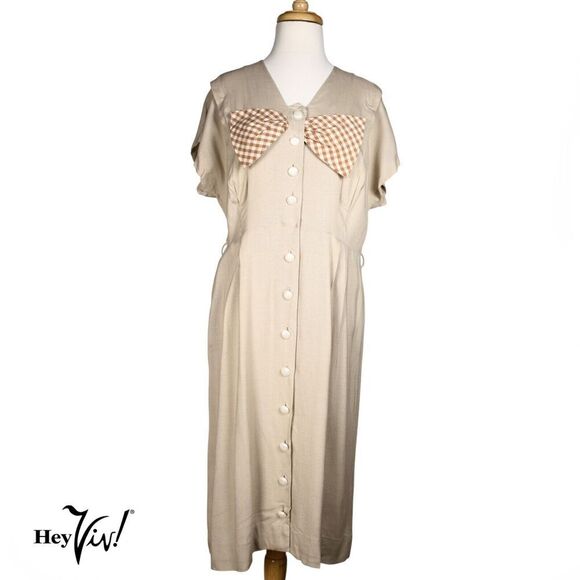Vintage Reloms Dress Tan w Big Brown and White Check Bow Sz M B38 W34 - Hey Viv - Picture 7 of 9
